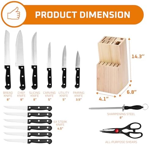 Bruntmor Black Professional Kitchen Knives Set with Built-in Sharpener