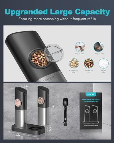Ultrean Electric Salt Pepper Grinder Set - Rechargeable Adjustable Stainless Steel