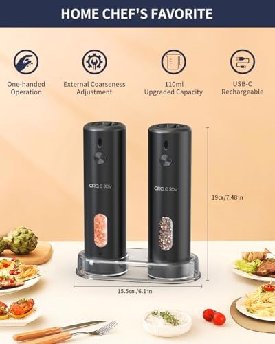 CIRCLE JOY Rechargeable Electric Salt Pepper grinder Set Rechargeable LED One-Handed Use