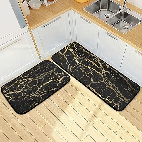 JIPONI Black Gold Marble Kitchen Rugs Set of 2