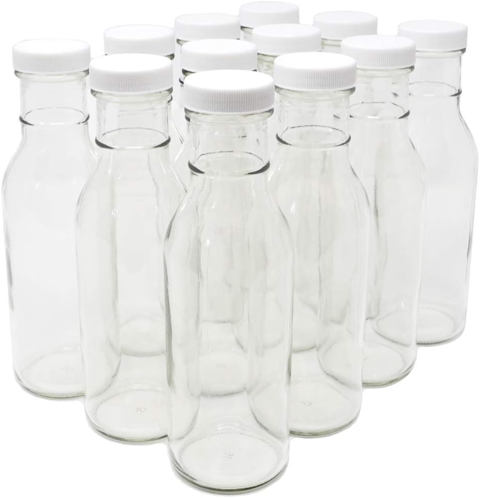 12 Oz Glass Bottles with White Plastic Screw Caps - Set of 48