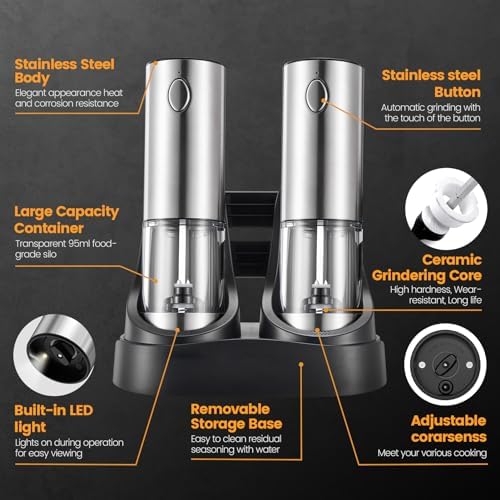 Sanmoon Electric Salt and Pepper Grinder Set - Rechargeable LED-lit Adjustable One-Handed