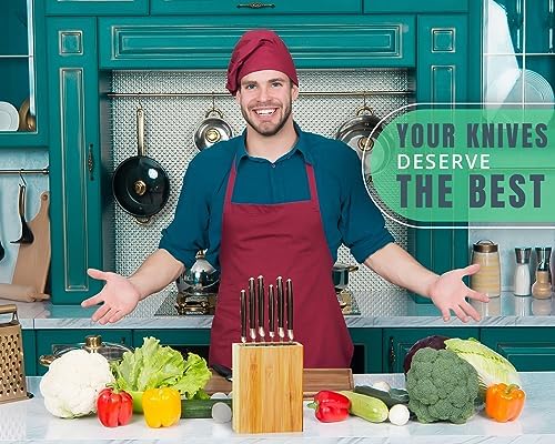 Ergonomic Bamboo Knife Block Wide Design Countertop