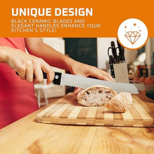 Bruntmor Black Professional Kitchen Knives Set with Built-in Sharpener