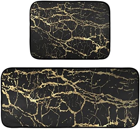 JIPONI Black Gold Marble Kitchen Rugs Set of 2