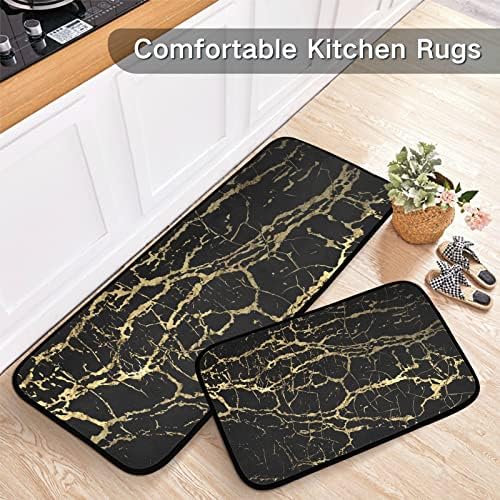 JIPONI Black Gold Marble Kitchen Rugs Set of 2