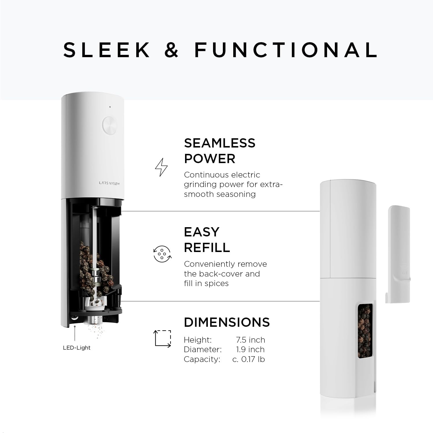 LARS NYSM Electric Pure White Salt Pepper Grinder Set