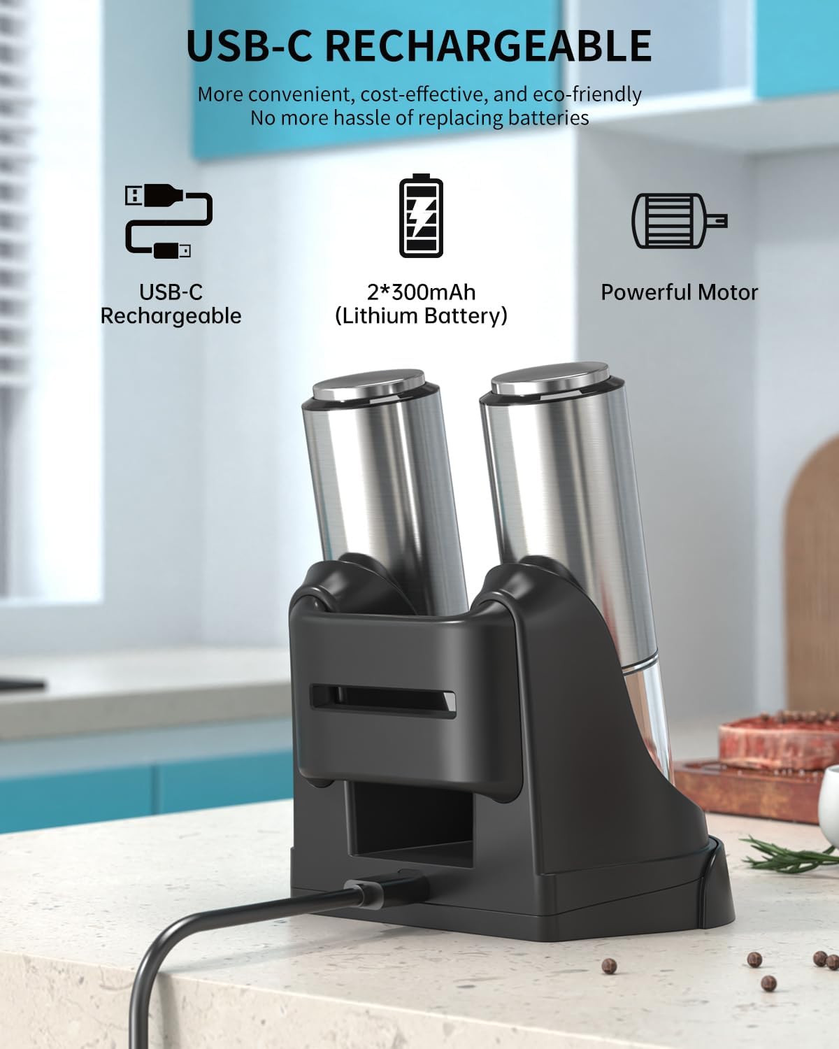 CIRCLE JOY Rechargeable Stainless Steel Salt Pepper Grinder Set - Precision Grading Variable Speed