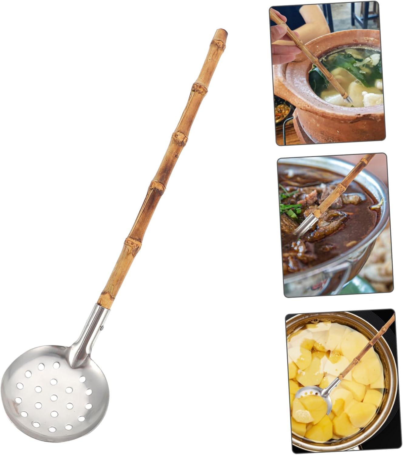 Sturdy Bamboo Colander for Hot Pot Cooking Easy Cleaning StAINLESS STEEL Spoon