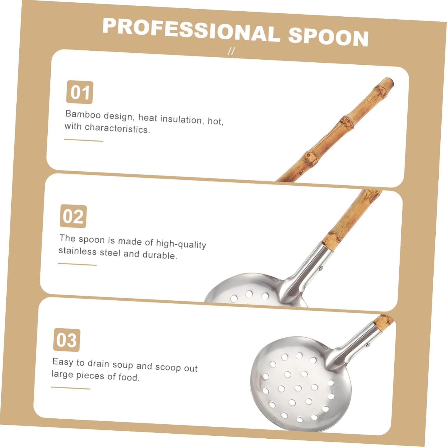 Sturdy Bamboo Colander for Hot Pot Cooking Easy Cleaning StAINLESS STEEL Spoon
