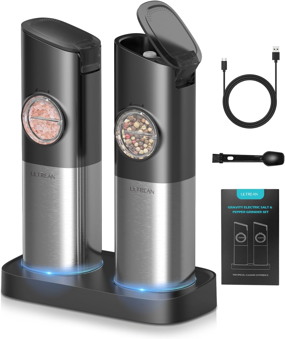 Ultrean Electric Salt Pepper Grinder Set - Rechargeable Adjustable Stainless Steel