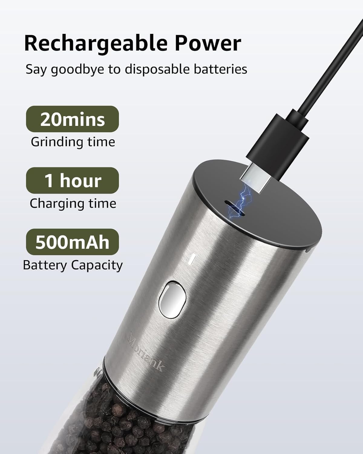 Moriank Electric Salt and Pepper Grinder Set Rechargeable Stainless Steel Tool