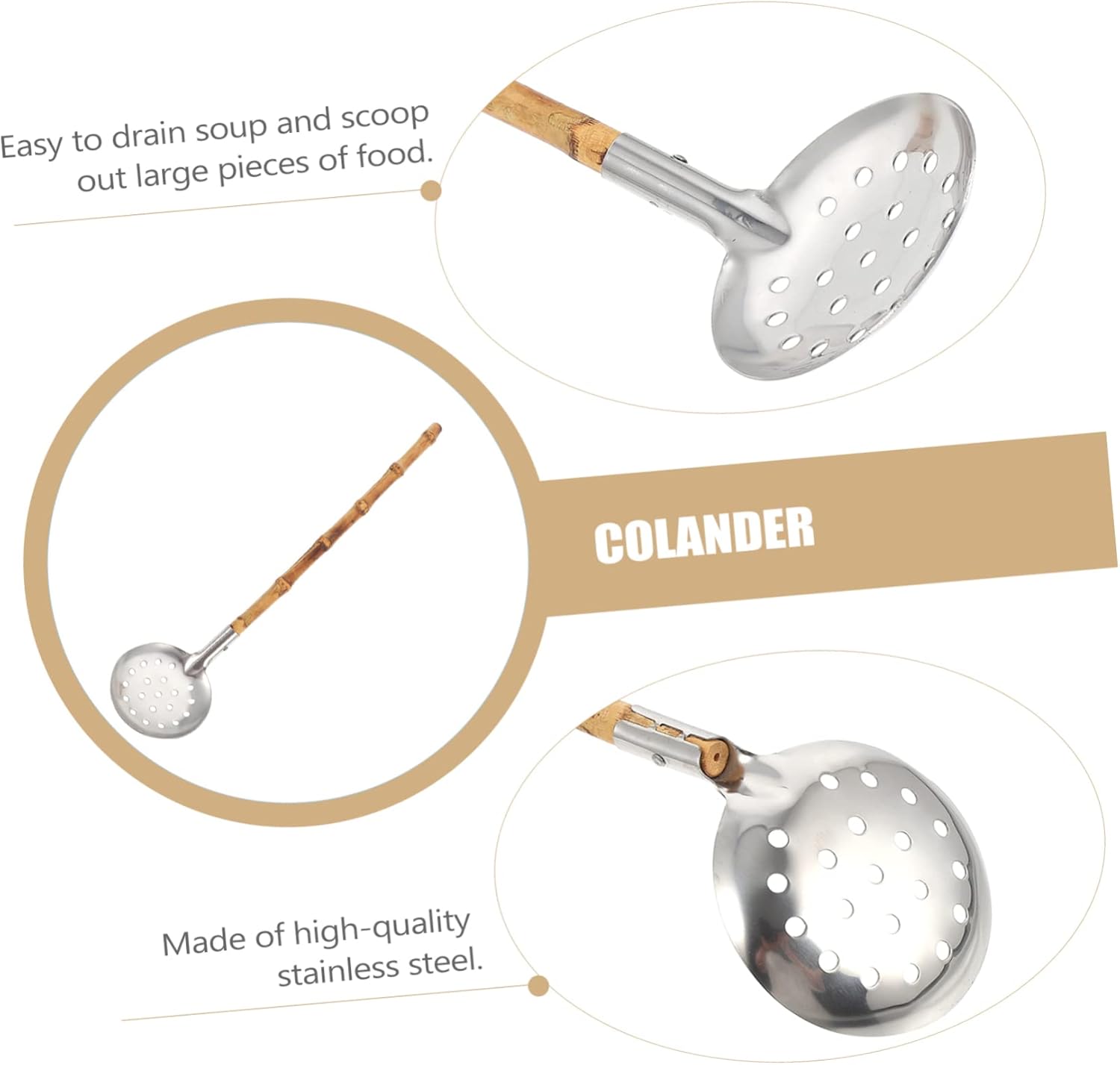 Sturdy Bamboo Colander for Hot Pot Cooking Easy Cleaning StAINLESS STEEL Spoon