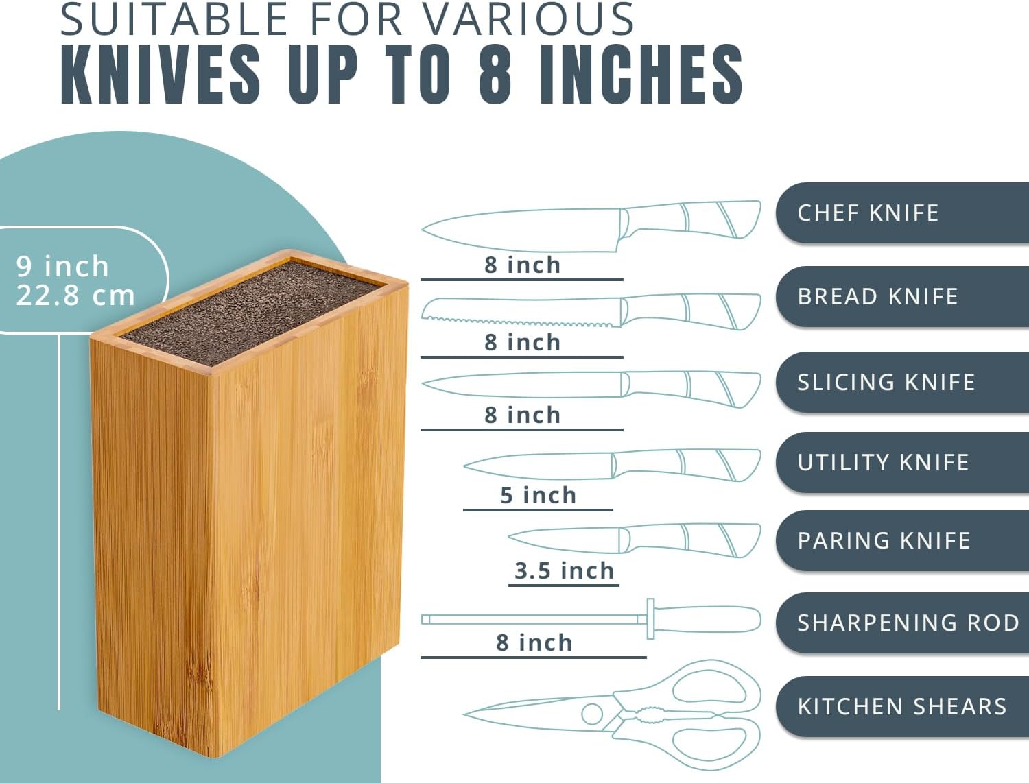 Ergonomic Bamboo Knife Block Wide Design Countertop