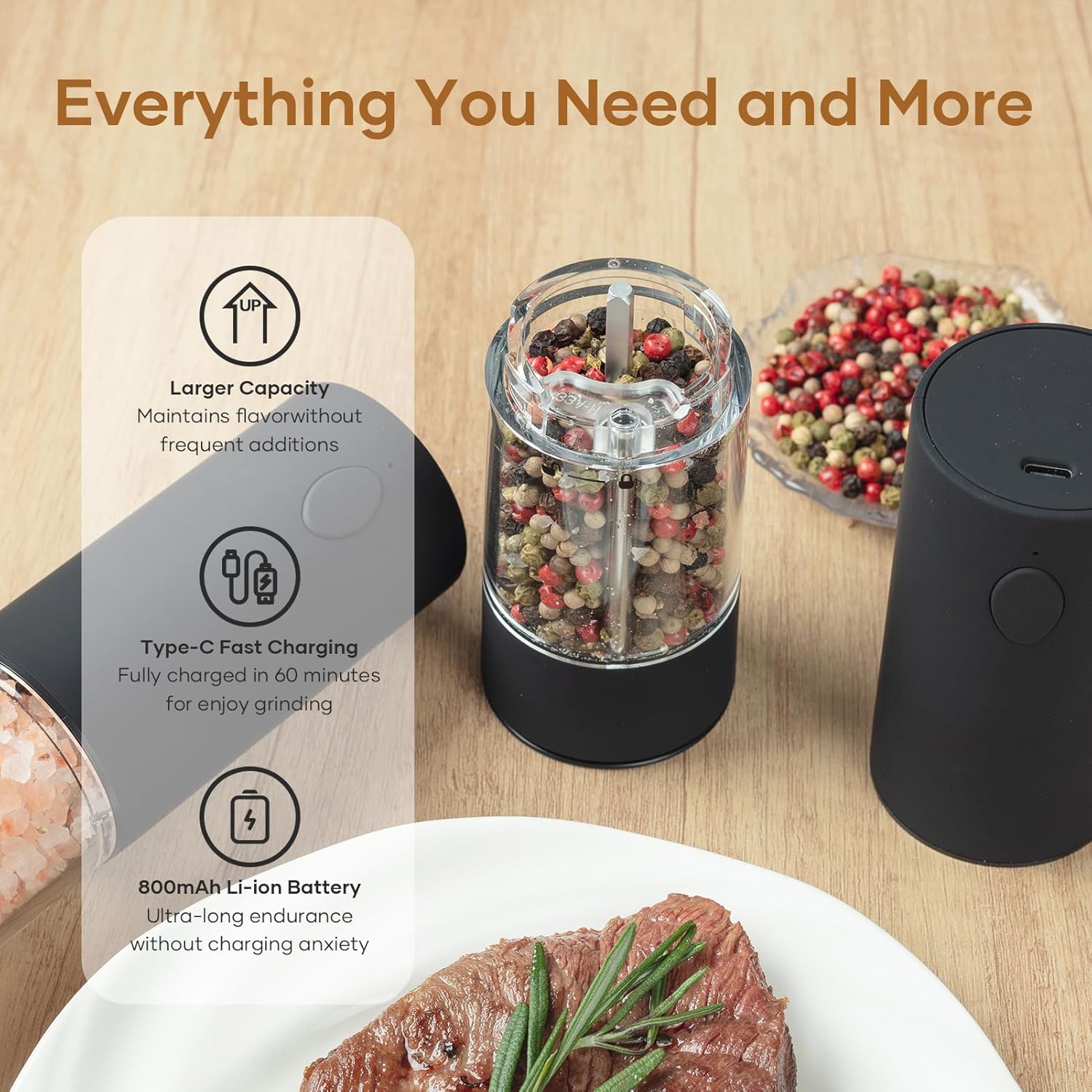 Adjustable Electric Salt and Pepper Grinder Set with USB Rechargeable Technology
