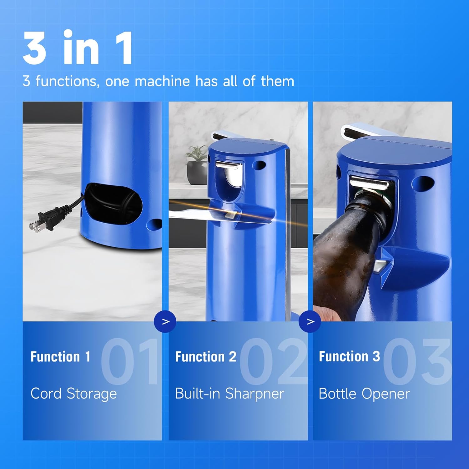 Davivy Electric Can Opener with Knife Sharpener and Bottle Opener SilverBlue