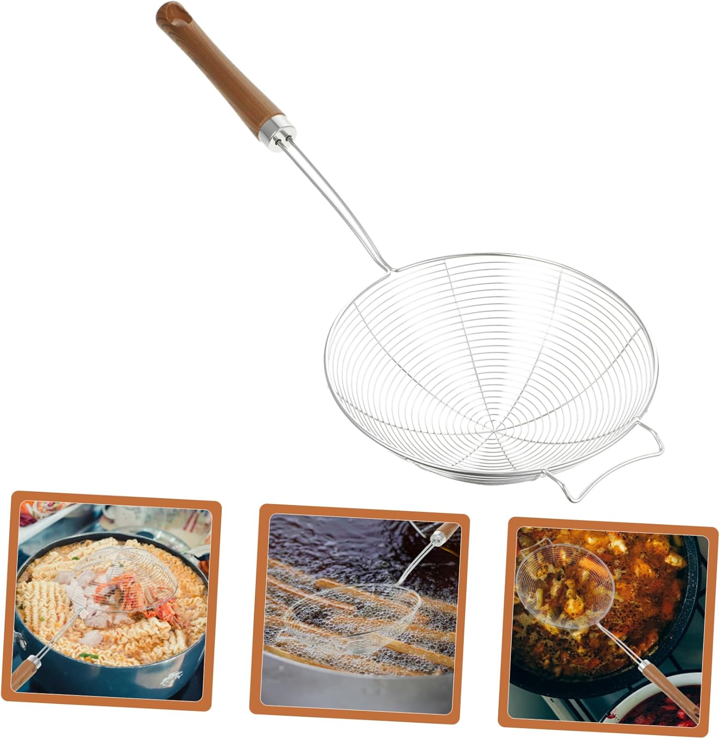 MikinonaStainless Steel Strainer Skimmer with Wooden Handle for Kitchen Use