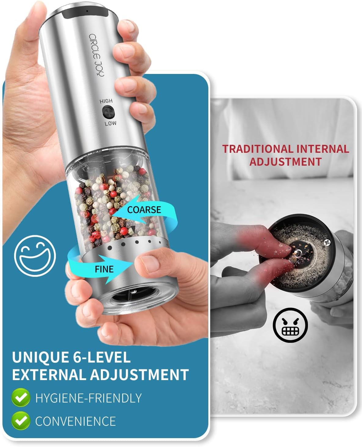 CIRCLE JOY Rechargeable Stainless Steel Salt Pepper Grinder Set - Precision Grading Variable Speed