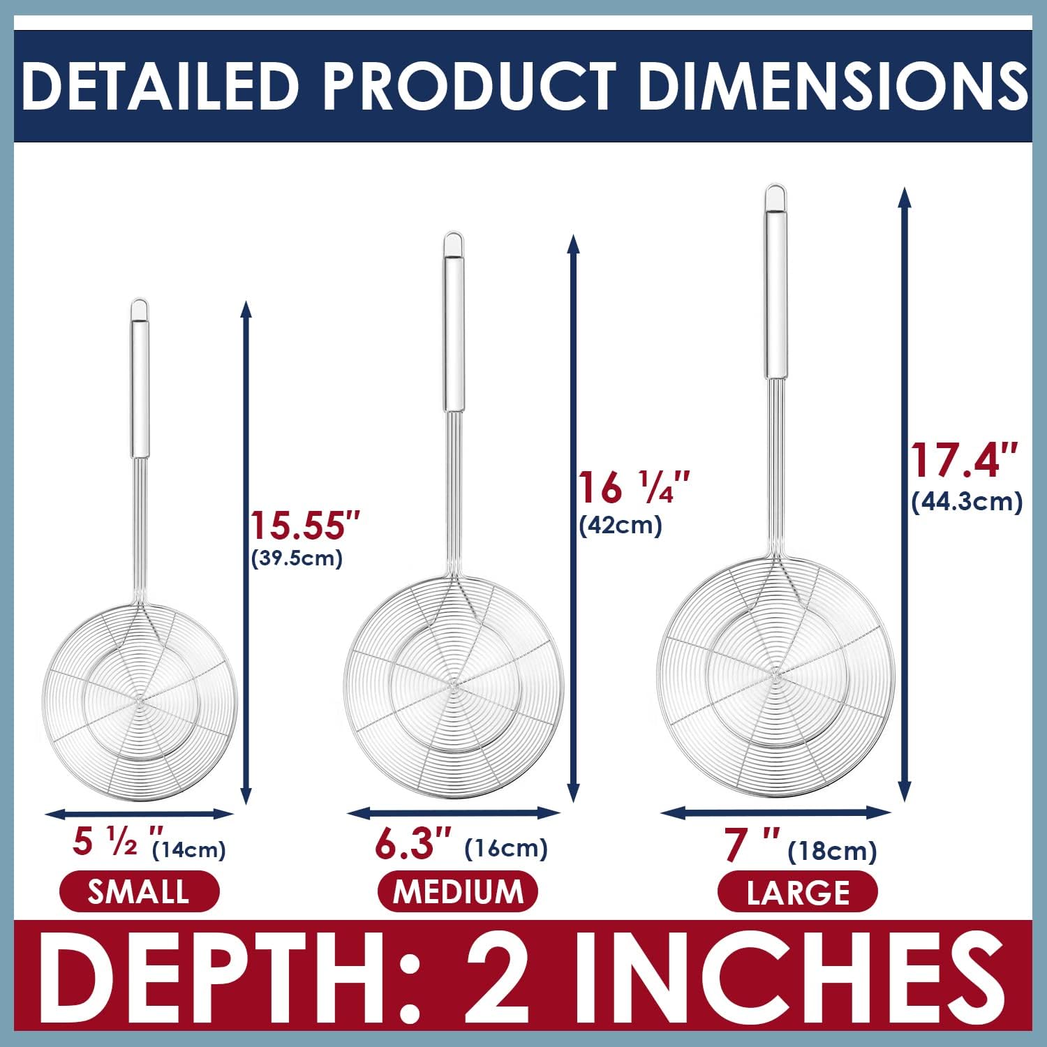 KEISSCO Stainless Steel Spider Skimmer Spoon Set 3-Piece Professional Kitchen Tool