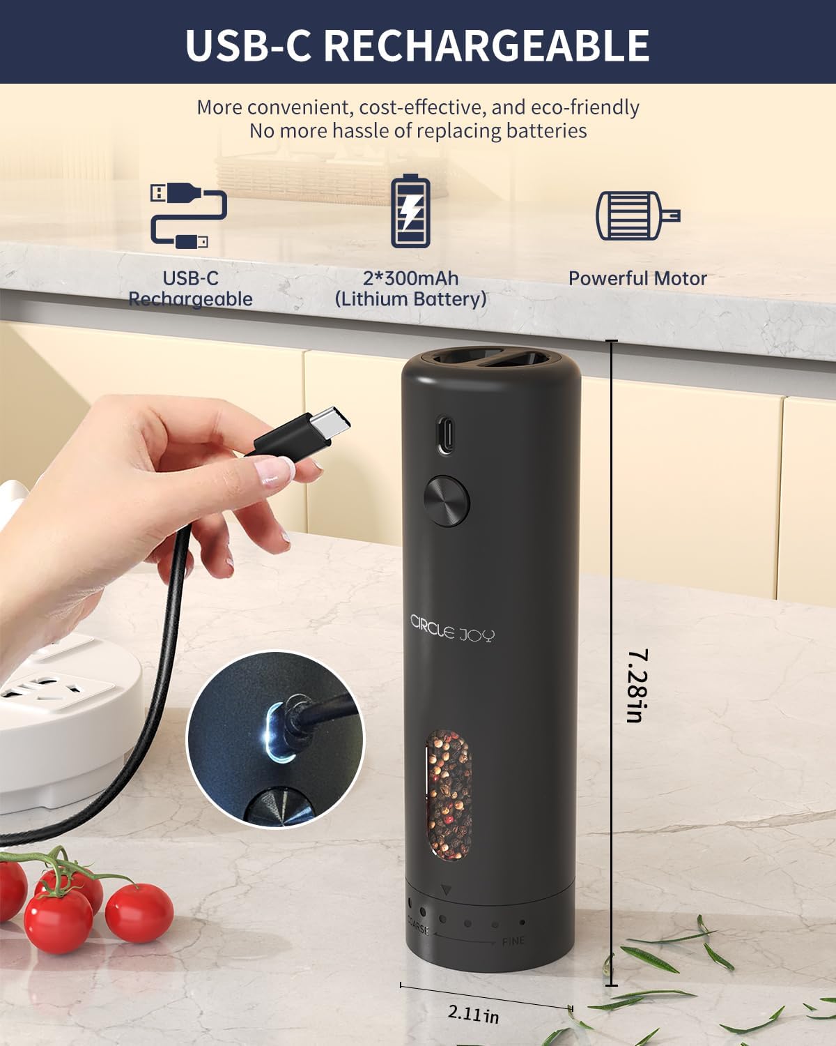CIRCLE JOY Rechargeable Electric Salt Pepper grinder Set Rechargeable LED One-Handed Use