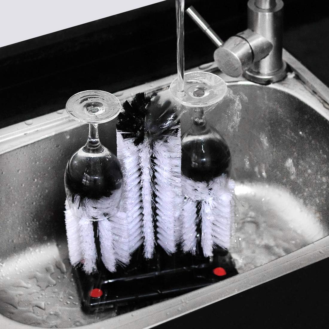 Triple-Ended Glass Washer Brush Set for Sinks with Suction Cup