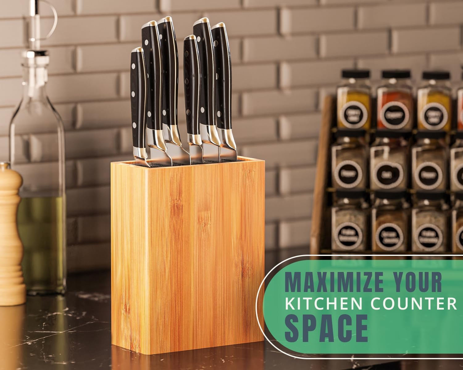 Ergonomic Bamboo Knife Block Wide Design Countertop