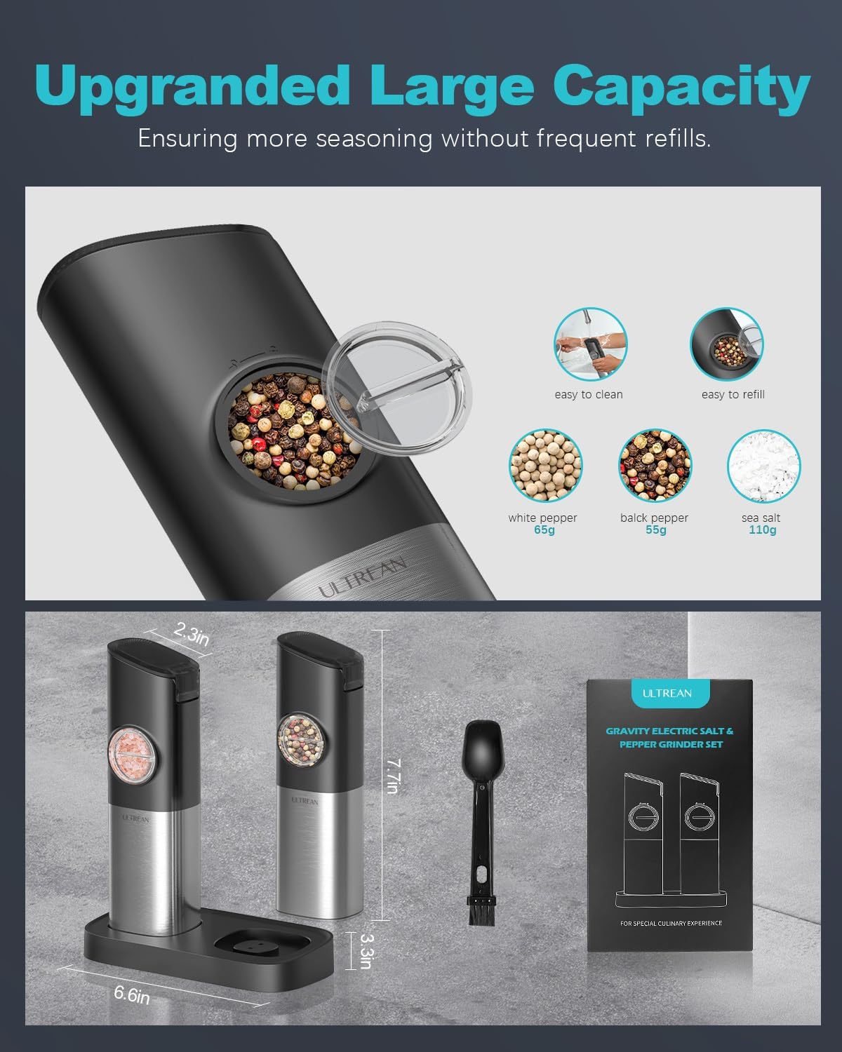 Ultrean Electric Salt Pepper Grinder Set - Rechargeable Adjustable Stainless Steel