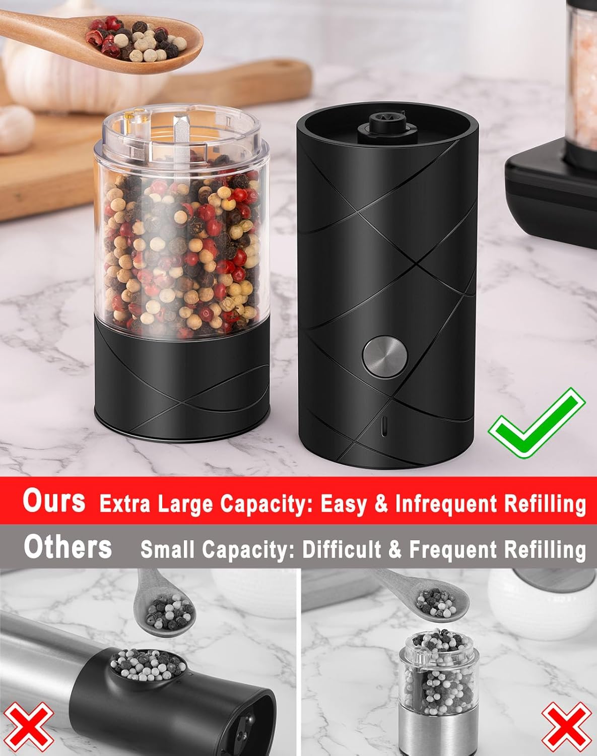 Rechargeable Electric Salt And Pepper Grinder Set - Extra Large Capacity - LED Light
