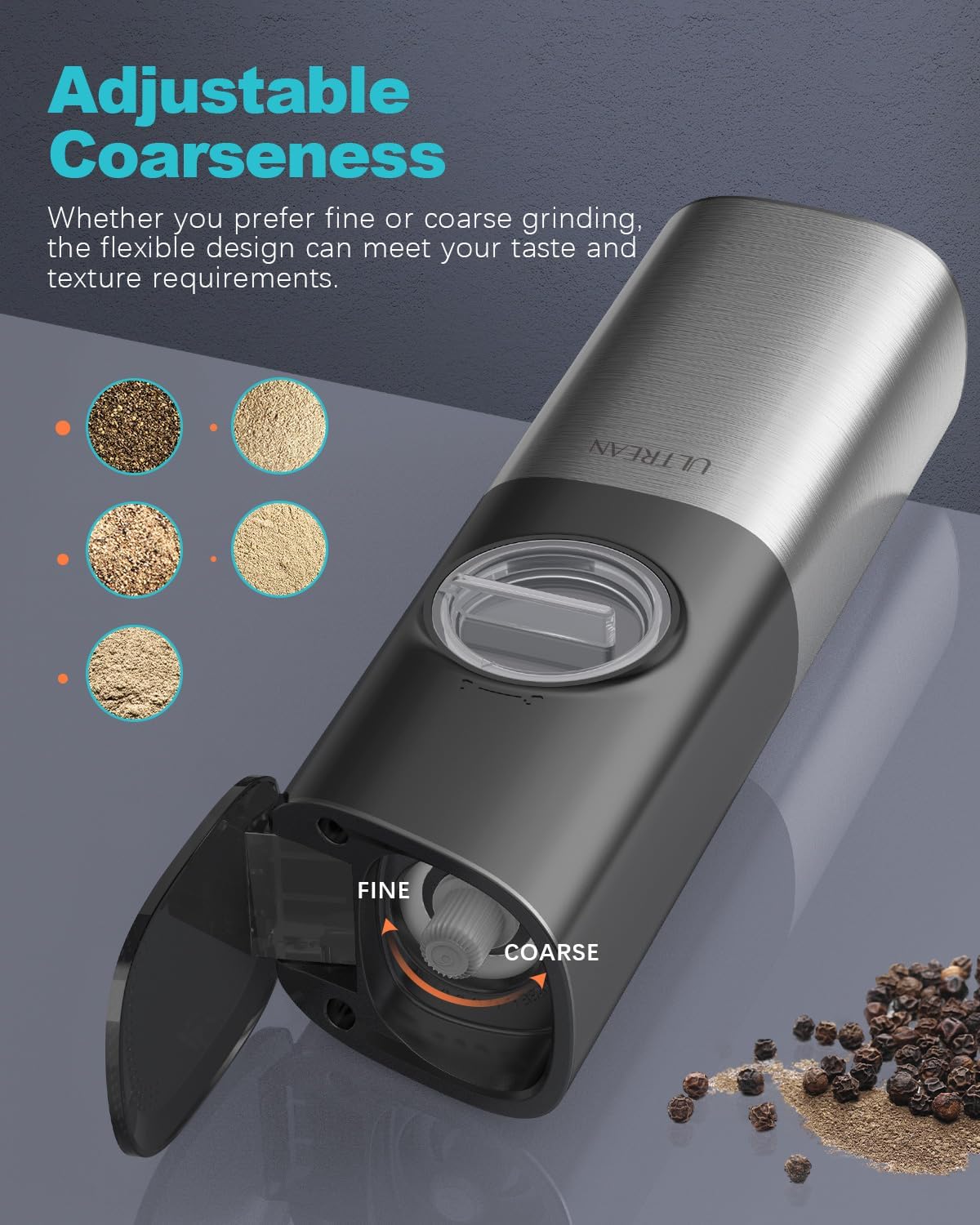 Ultrean Electric Salt Pepper Grinder Set - Rechargeable Adjustable Stainless Steel