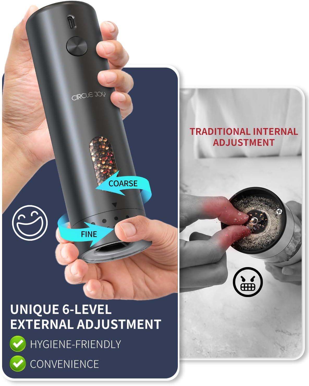 CIRCLE JOY Rechargeable Electric Salt Pepper grinder Set Rechargeable LED One-Handed Use