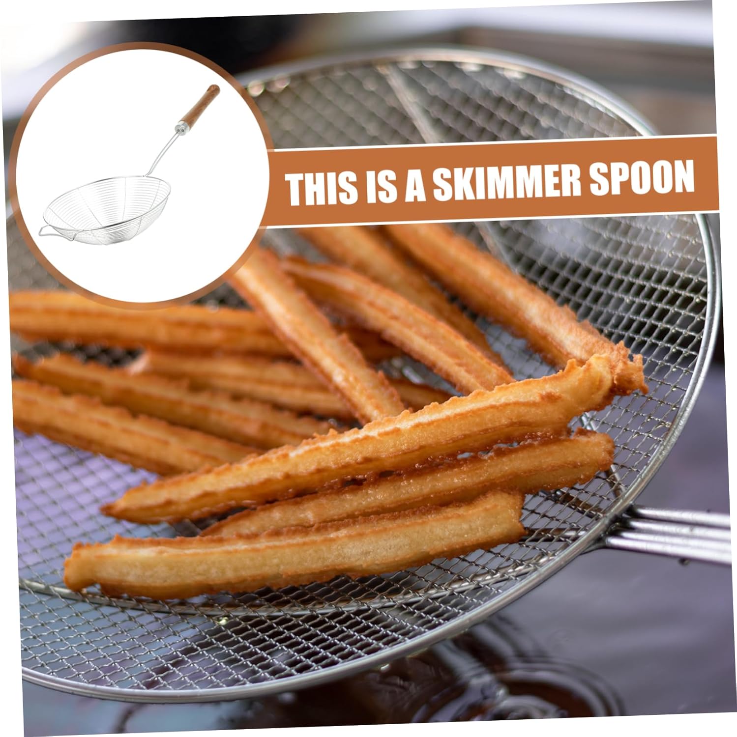 MikinonaStainless Steel Strainer Skimmer with Wooden Handle for Kitchen Use