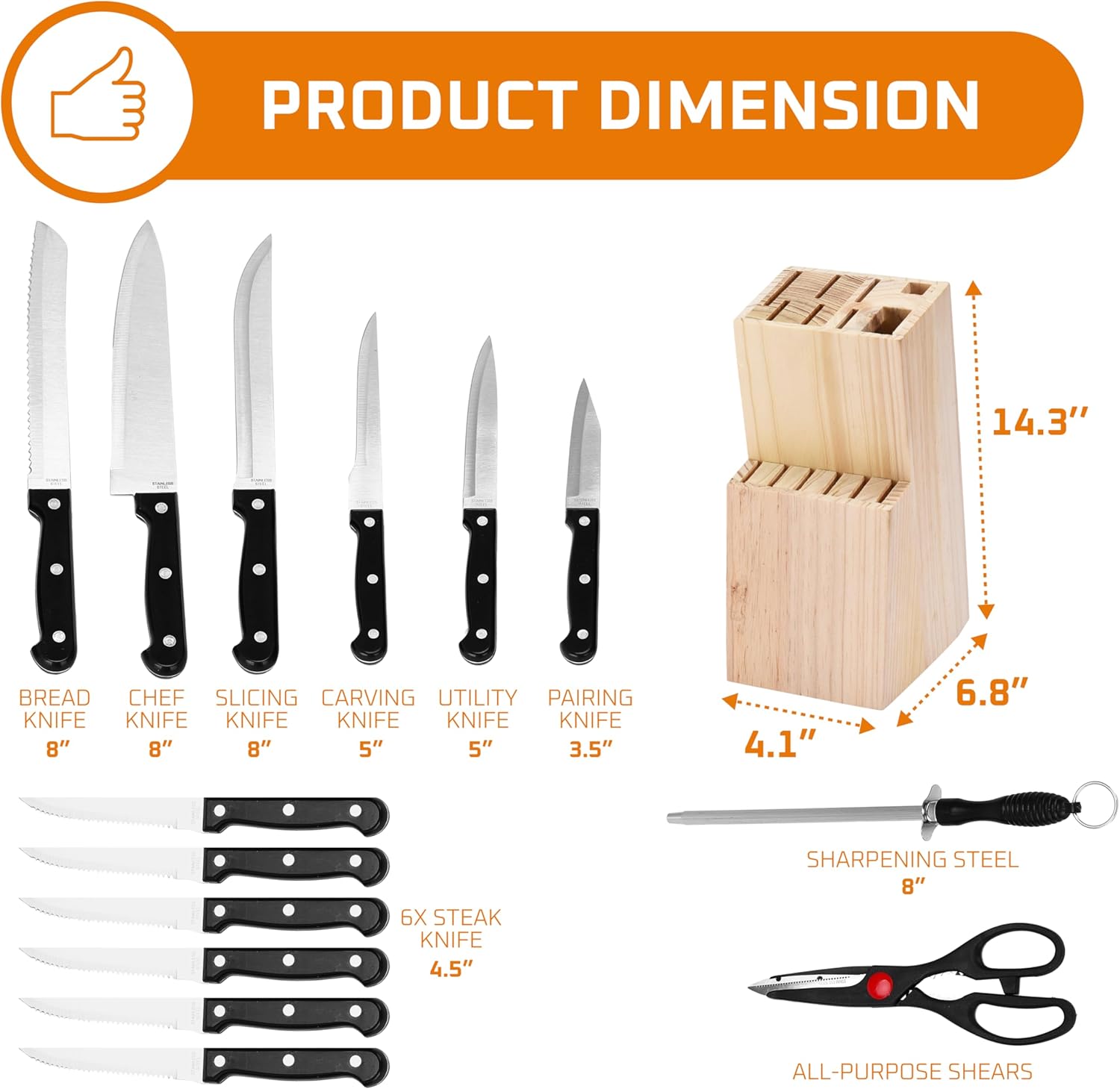 Bruntmor Black Professional Kitchen Knives Set with Built-in Sharpener
