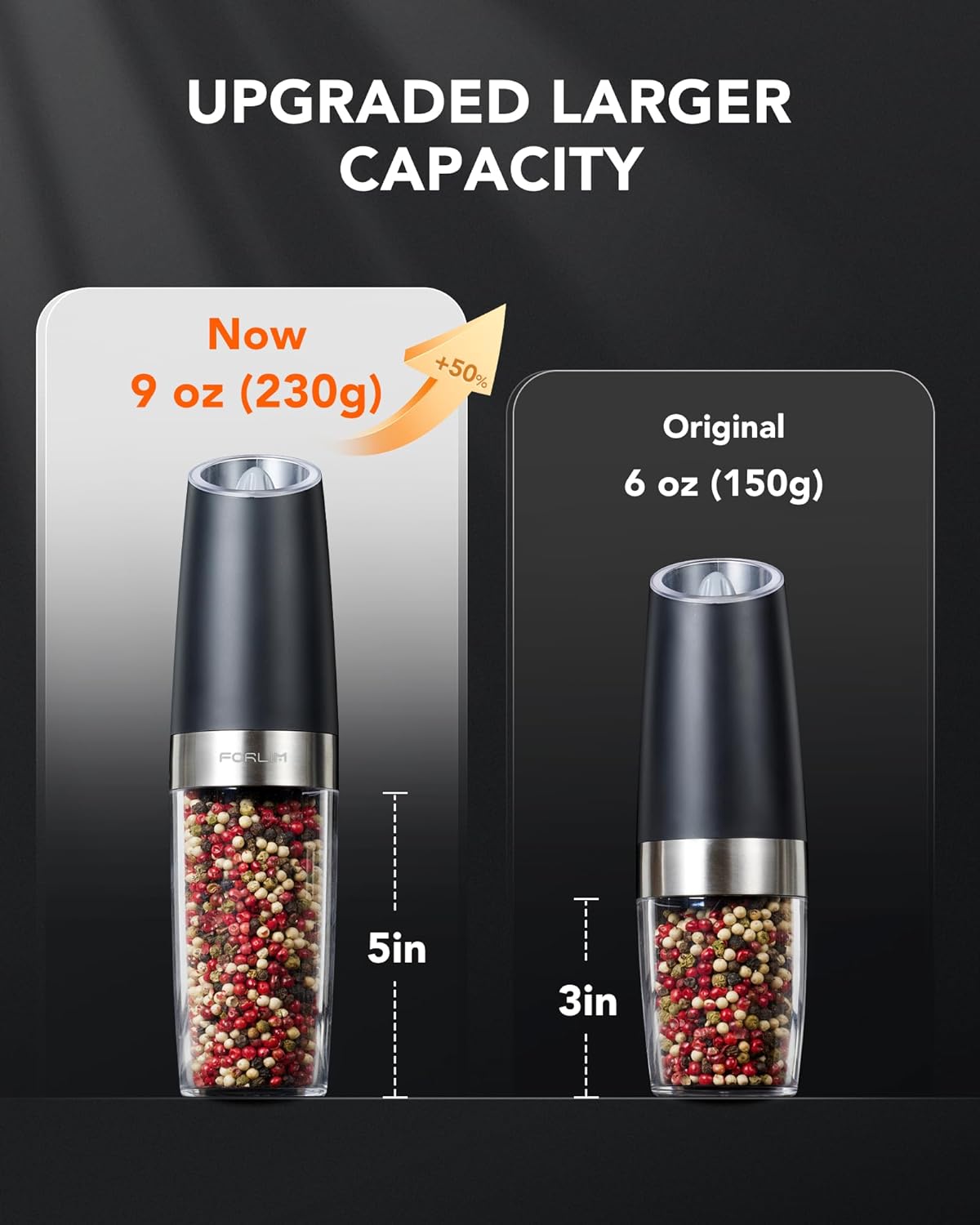FORLIM Electric Salt Pepper Grinder Set 9 oz Adjustable Powerful