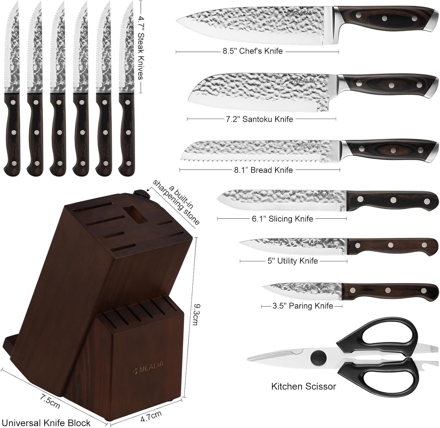Mealia 15-Piece Kitchen Knife Set - Effortlessly Sharp Blocking Built-in
