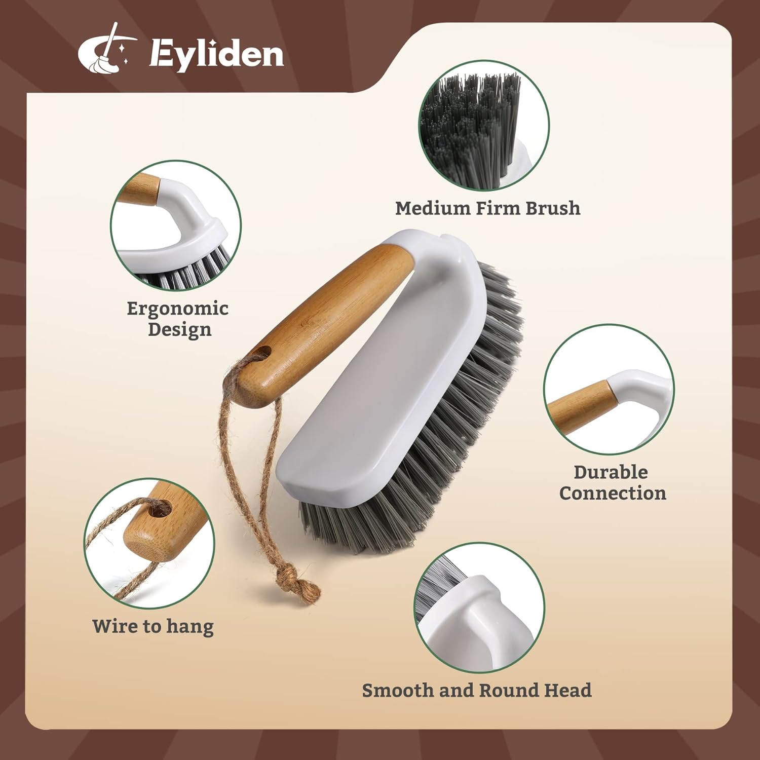 Eyliden 2-Piece Scrub Brush Set with Bamboo Handle for Efficient Cleaning