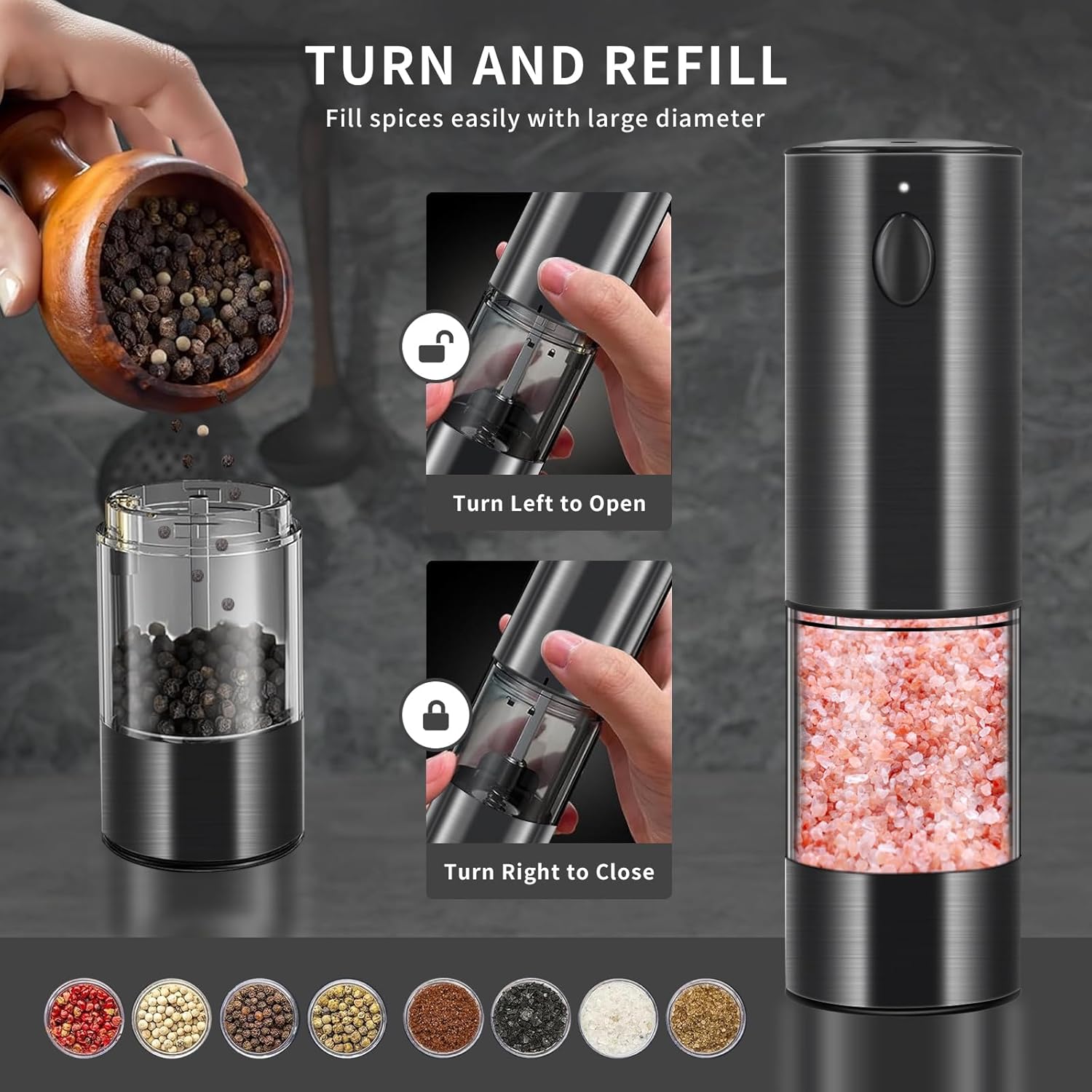 Haomacro Electric Salt and Pepper Grinder Set with LED Lights