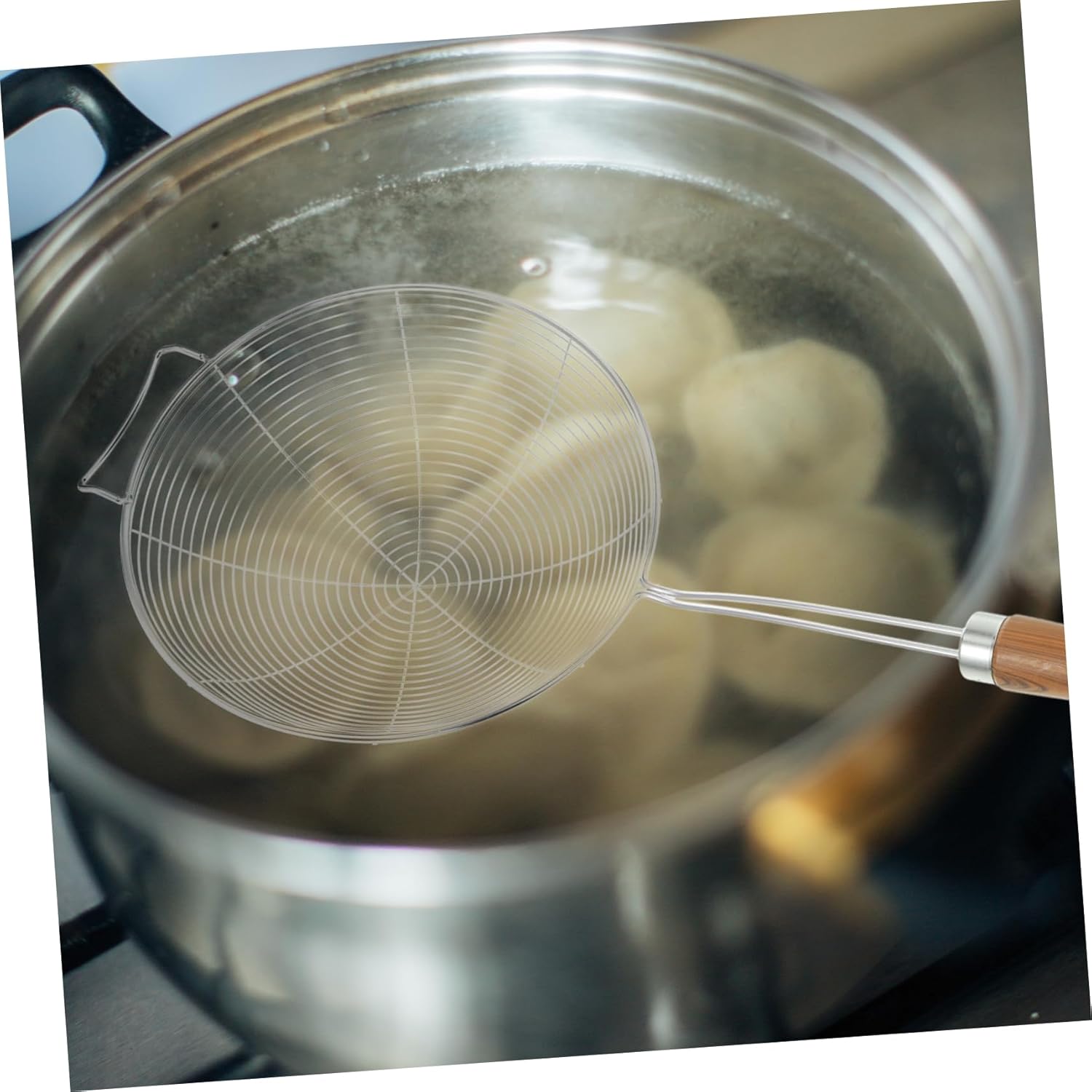 MikinonaStainless Steel Strainer Skimmer with Wooden Handle for Kitchen Use