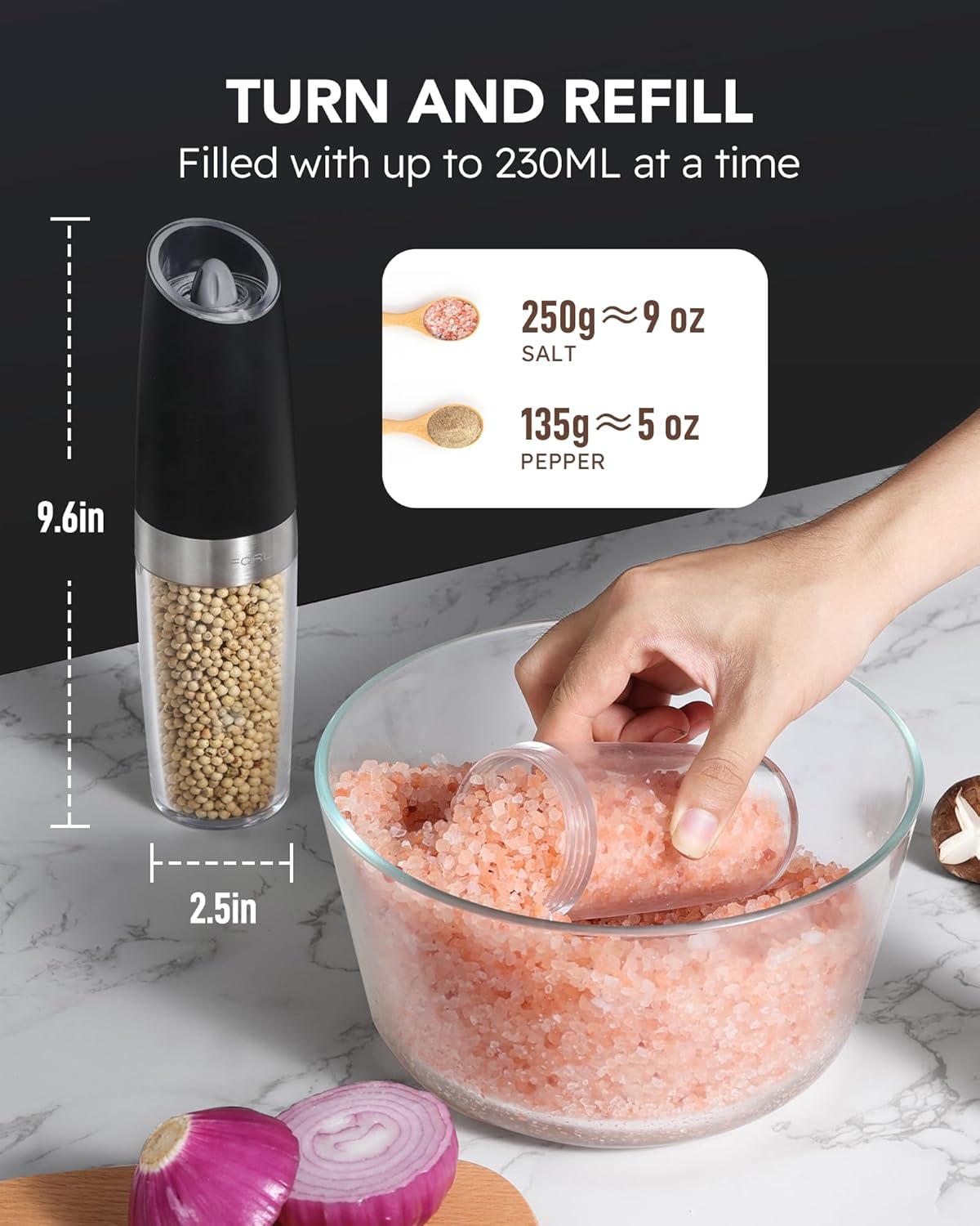 FORLIM Electric Salt Pepper Grinder Set 9 oz Adjustable Powerful