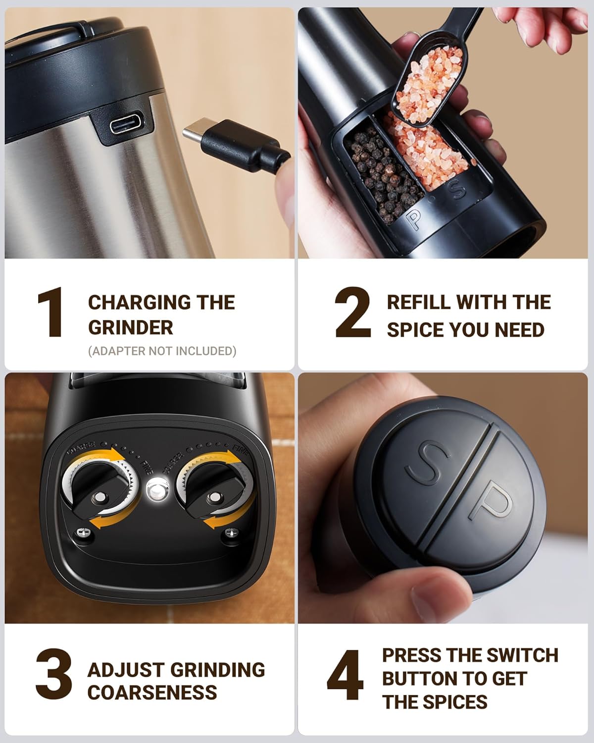 Sangcon 2-in-1 Electric Salt and Pepper grinder Set