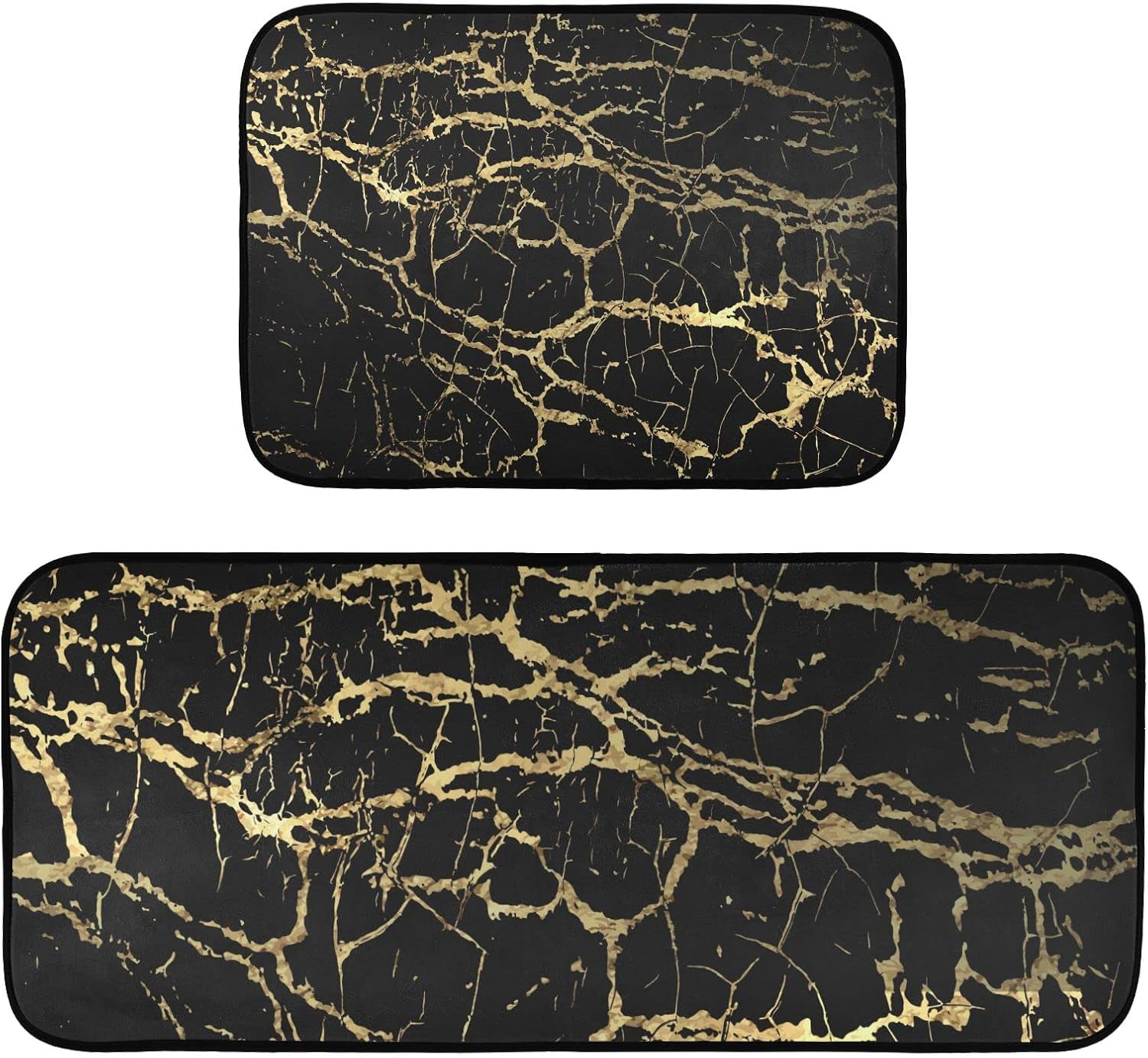 JIPONI Black Gold Marble Kitchen Rugs Set of 2