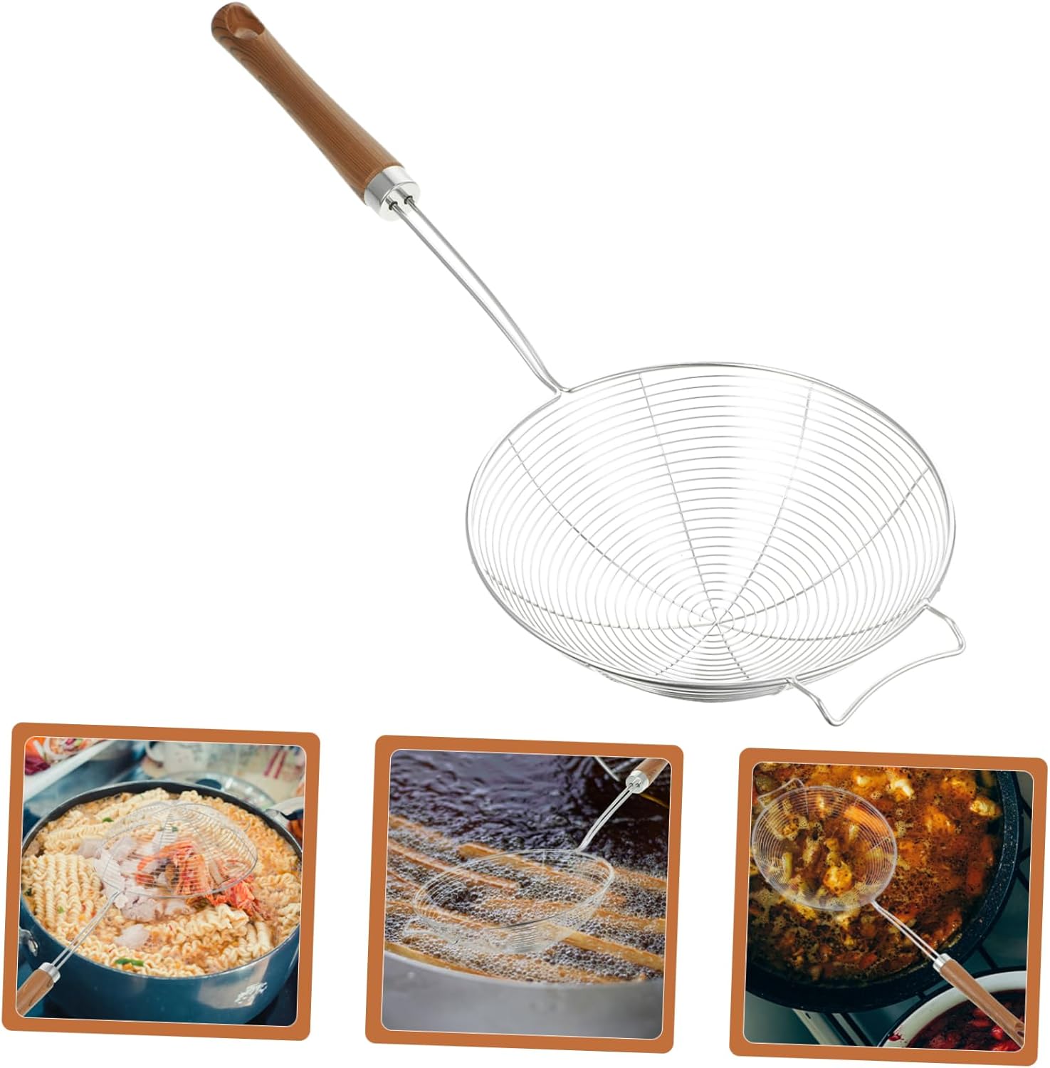 304 Stainless Steel Kitchen Colander with Wooden Handle for Easy Cooking