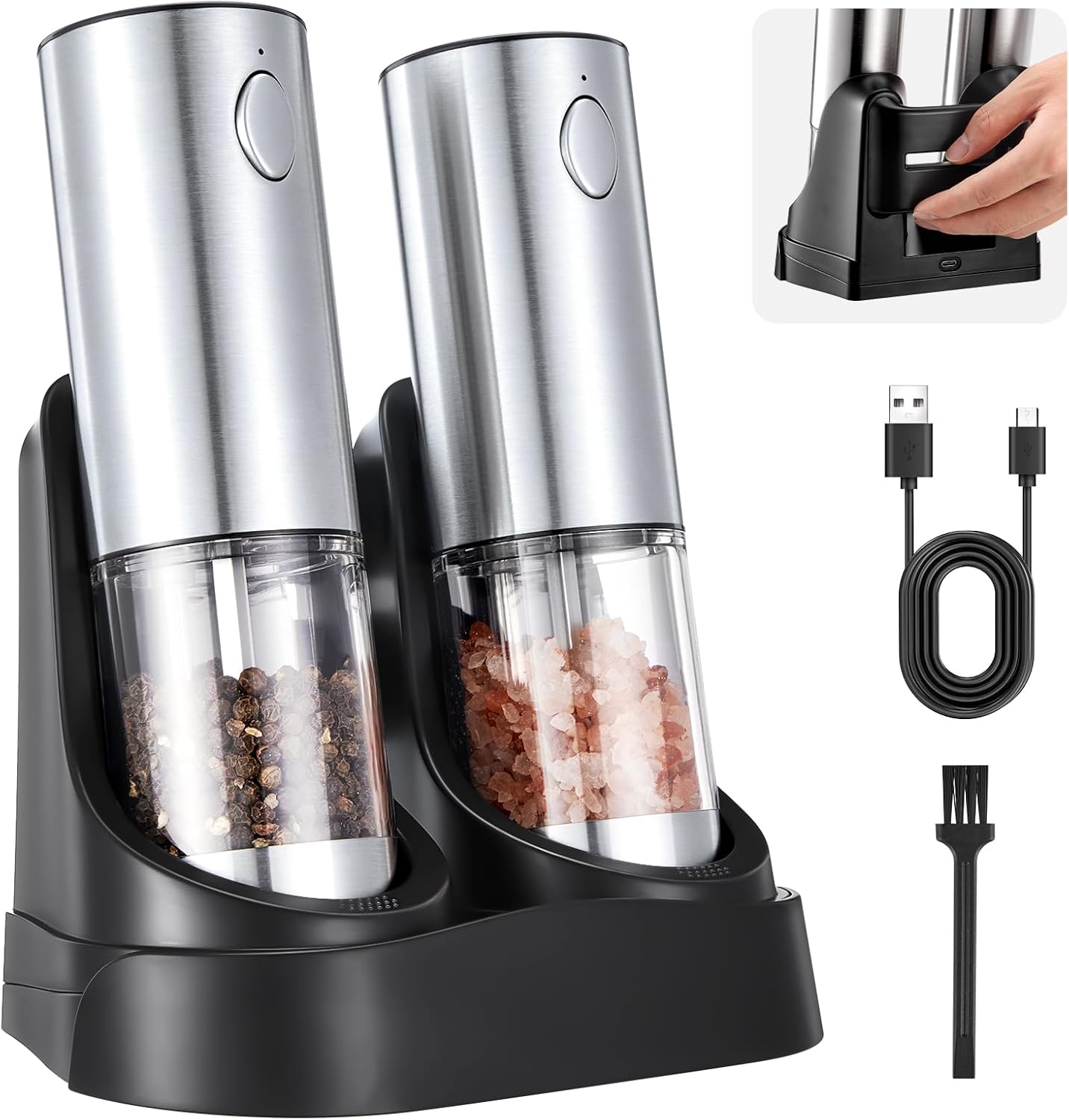 Sanmoon Electric Salt and Pepper Grinder Set - Rechargeable LED-lit Adjustable One-Handed