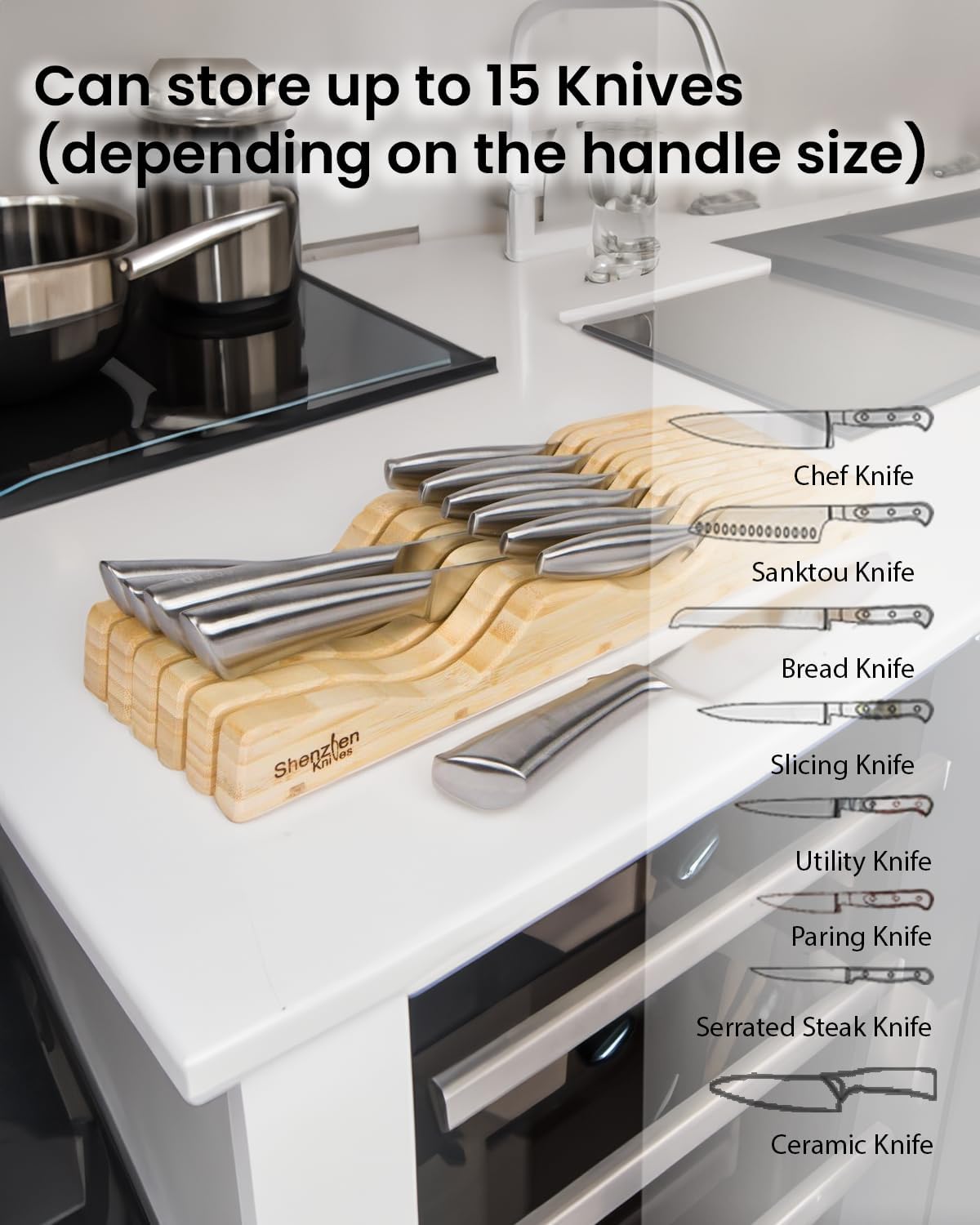 Durable Stylish X-Large In-Drawer Bamboo Knife Block