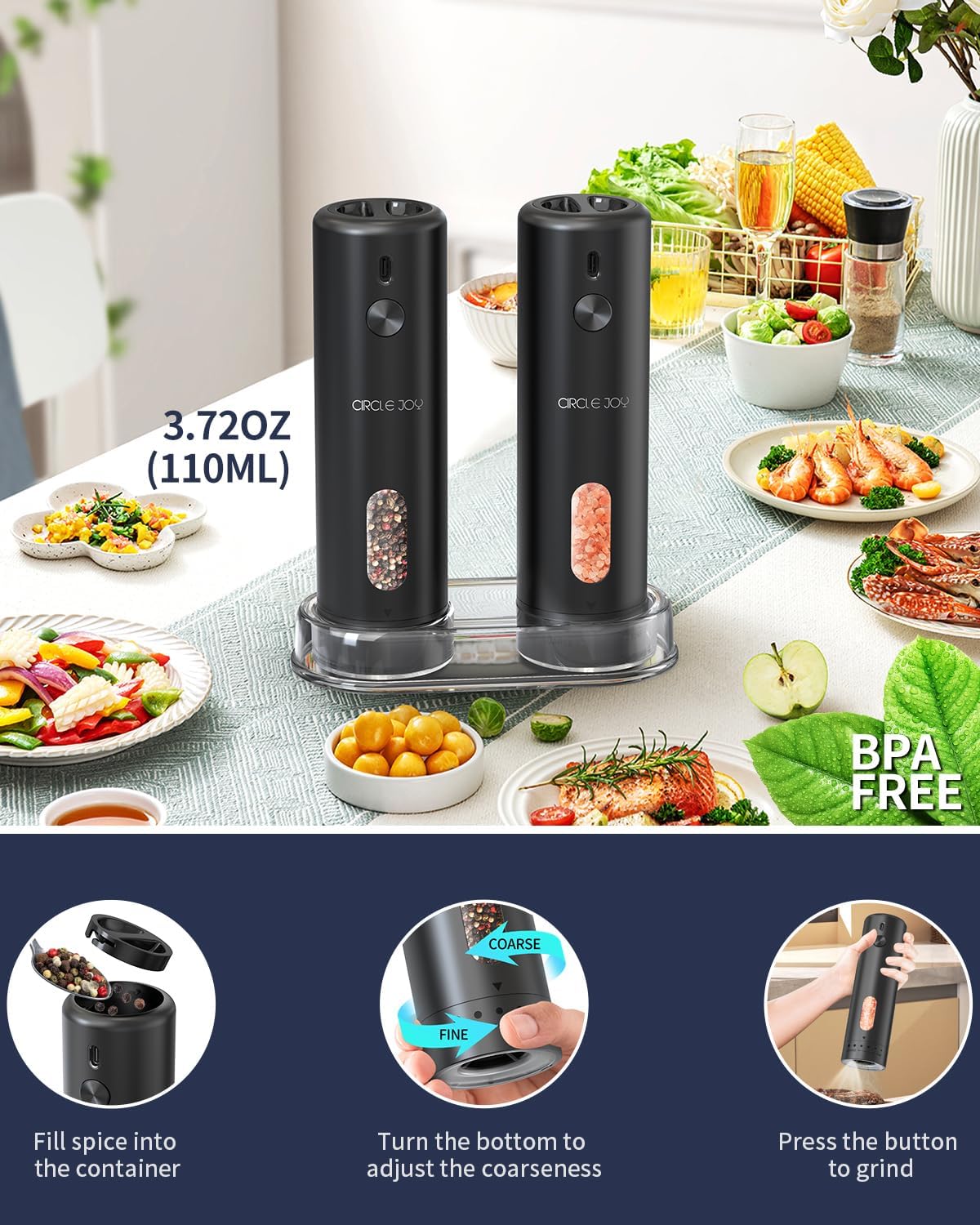 CIRCLE JOY Rechargeable Electric Salt Pepper grinder Set Rechargeable LED One-Handed Use