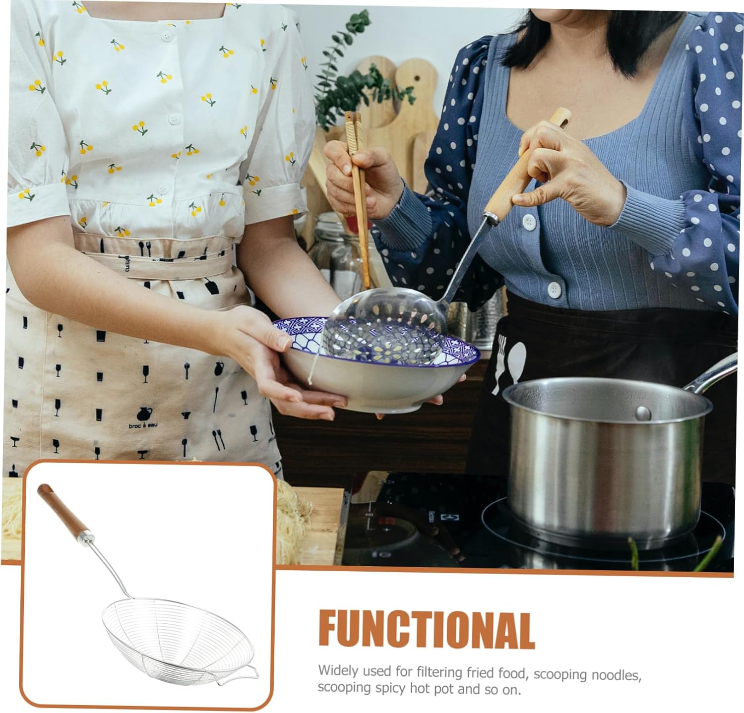 MikinonaStainless Steel Strainer Skimmer with Wooden Handle for Kitchen Use