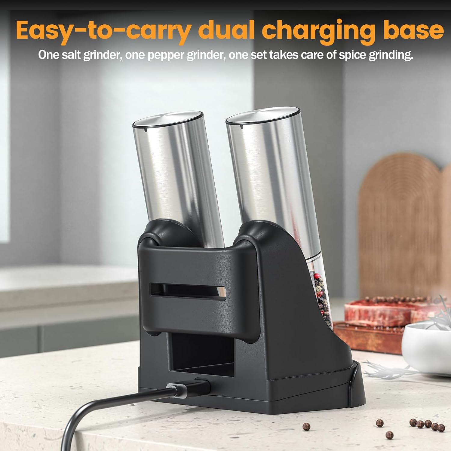 Sanmoon Electric Salt and Pepper Grinder Set - Rechargeable LED-lit Adjustable One-Handed