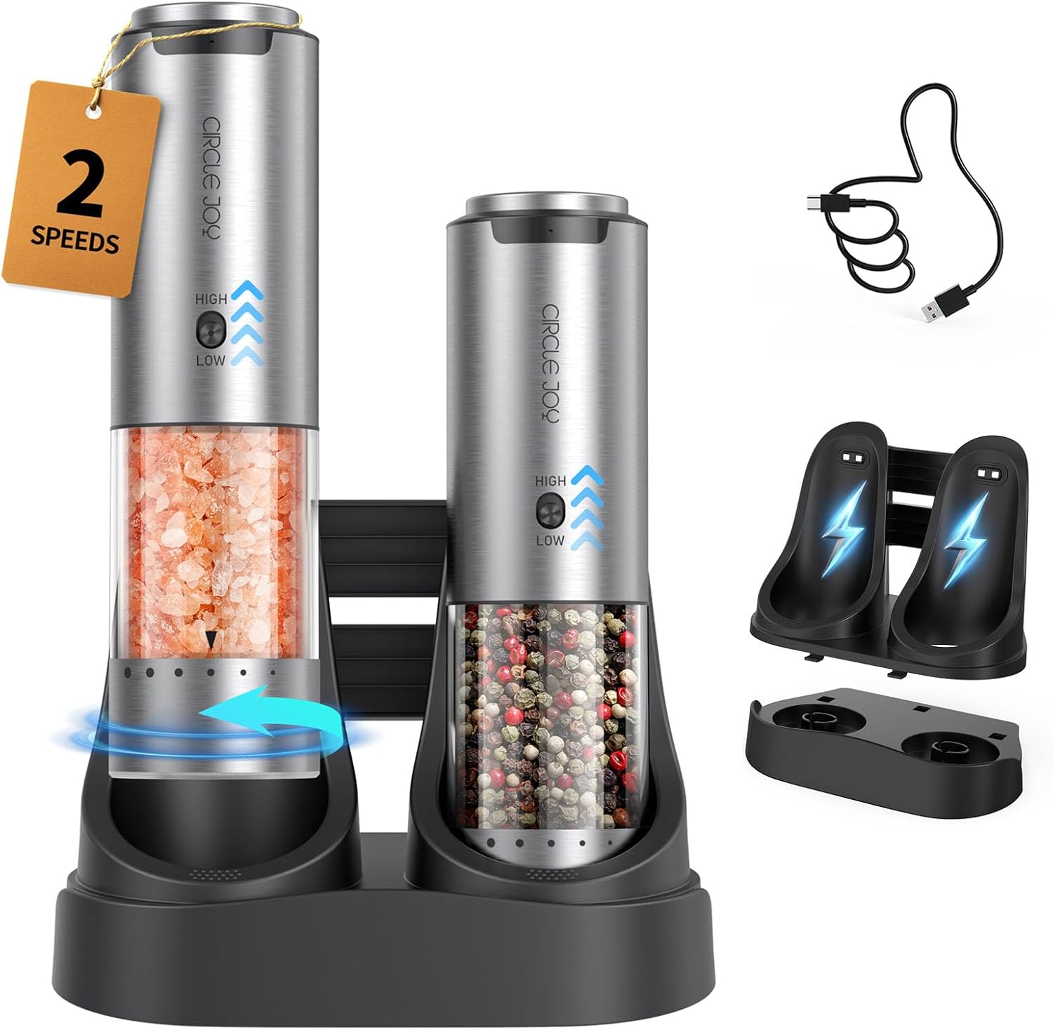 CIRCLE JOY Rechargeable Stainless Steel Salt Pepper Grinder Set - Precision Grading Variable Speed