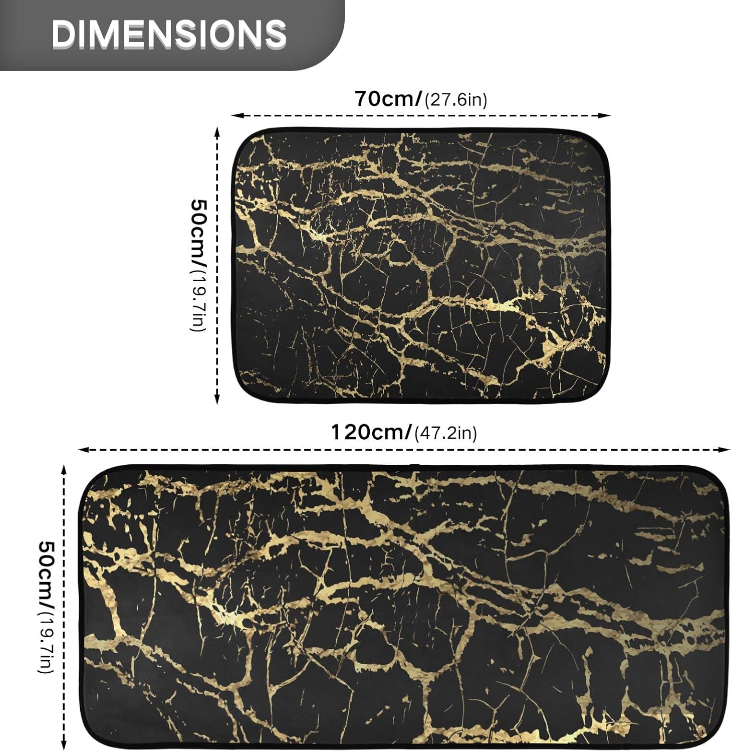 JIPONI Black Gold Marble Kitchen Rugs Set of 2
