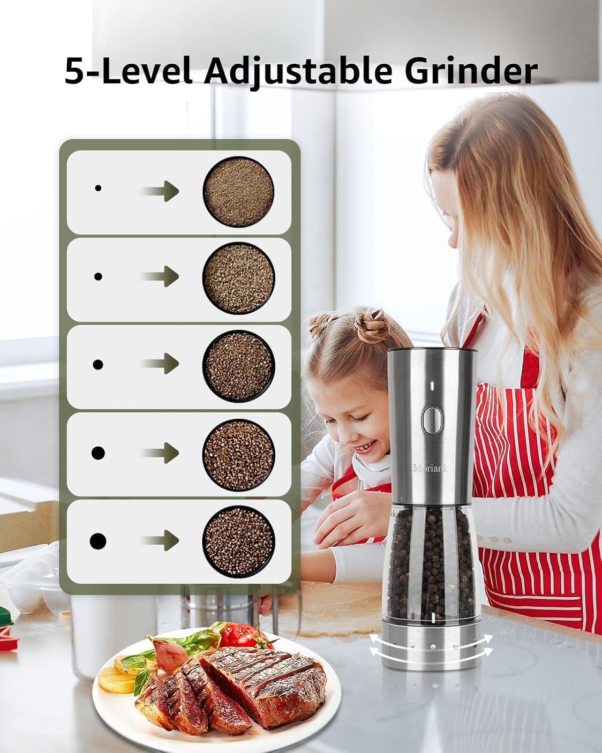 Moriank Electric Salt and Pepper Grinder Set Rechargeable Stainless Steel Tool