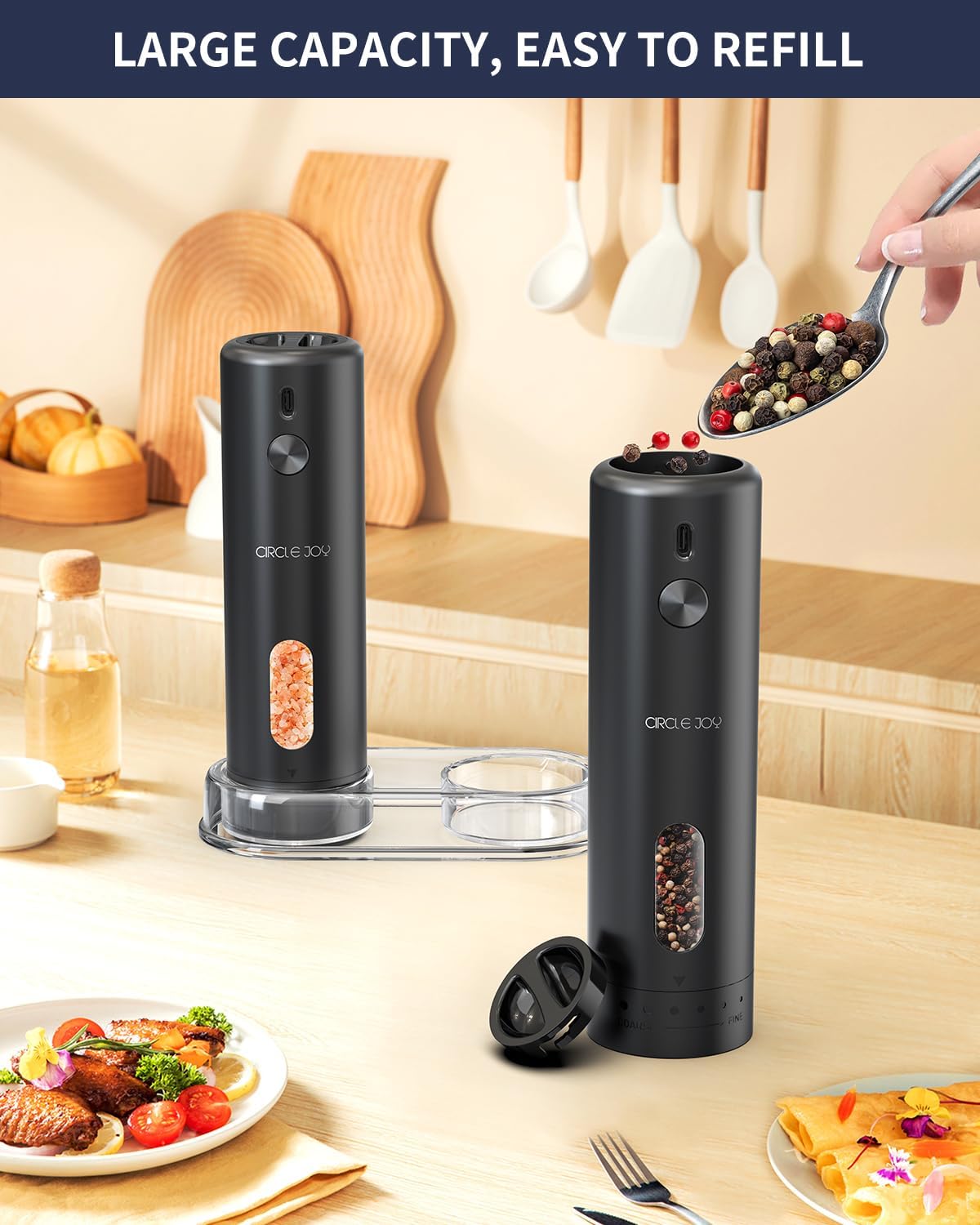 CIRCLE JOY Rechargeable Electric Salt Pepper grinder Set Rechargeable LED One-Handed Use